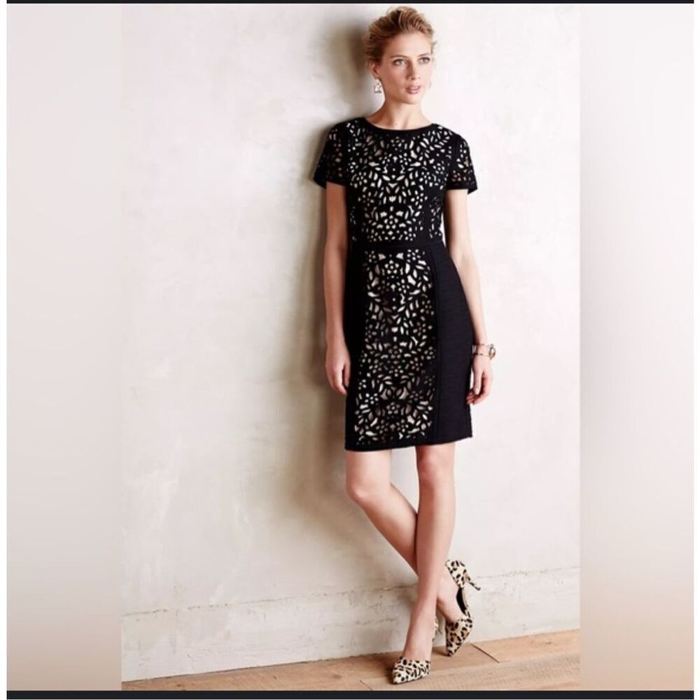 Anthropologie Maeve | Lasercut Basalt Sheath Black Dress Short Sleeve Size 10